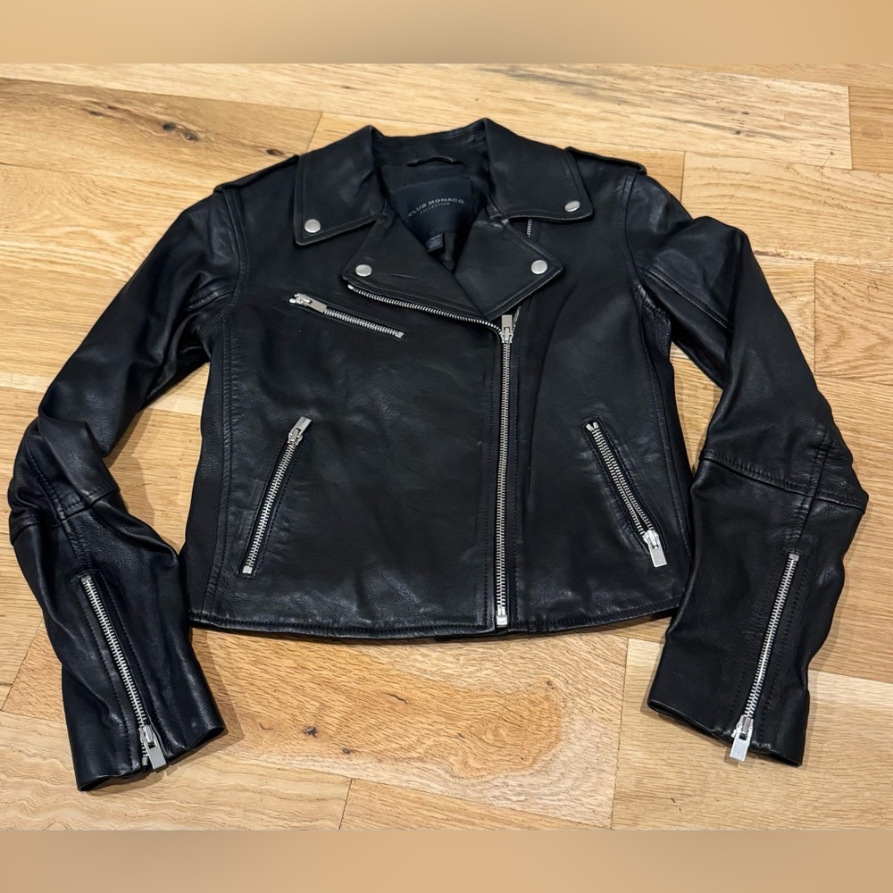 Club Monaco Black Leather Moto Jacket XS